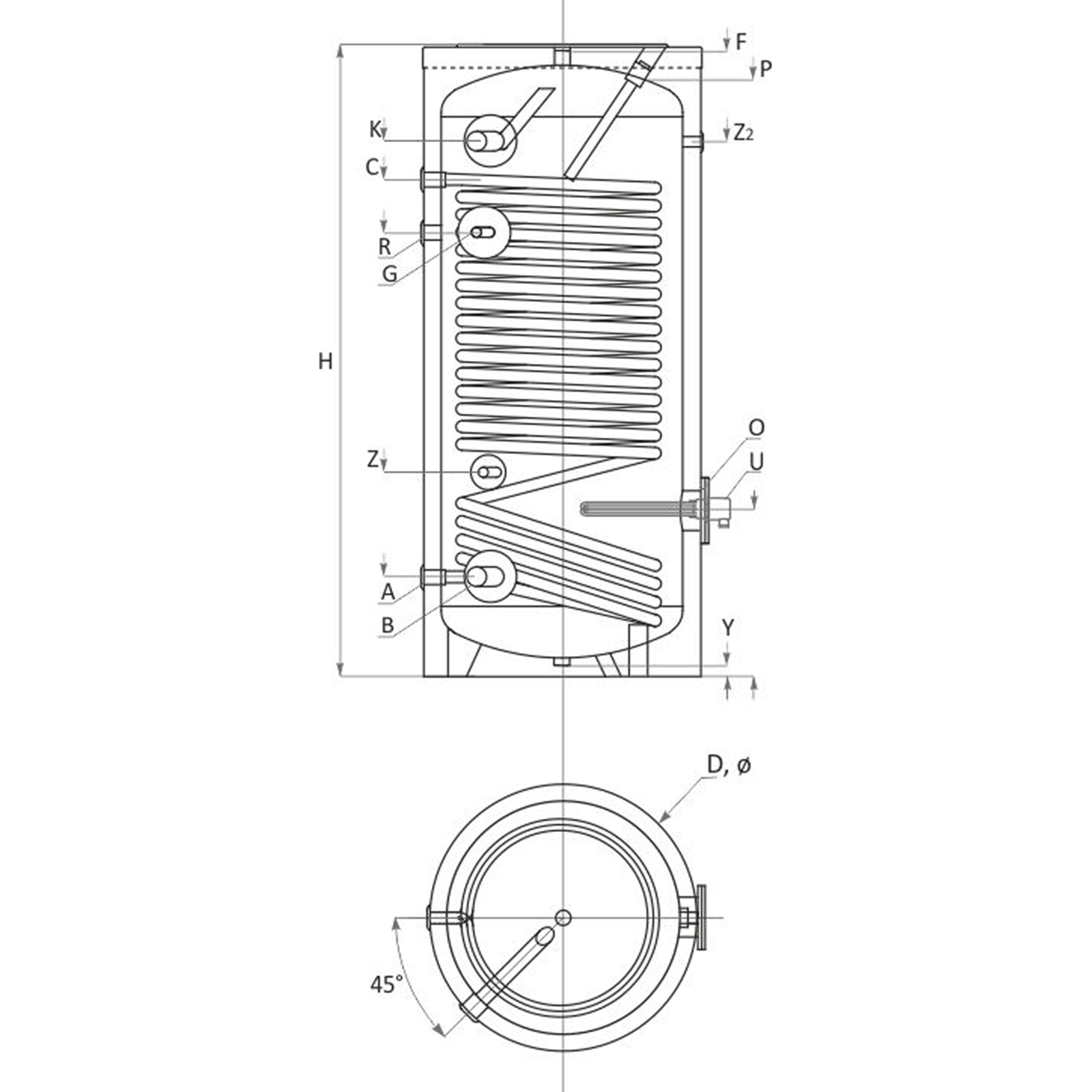 Varmtvandsbeholder med isolering - tegning  Varmtvandsbeholder med isolering - tegning